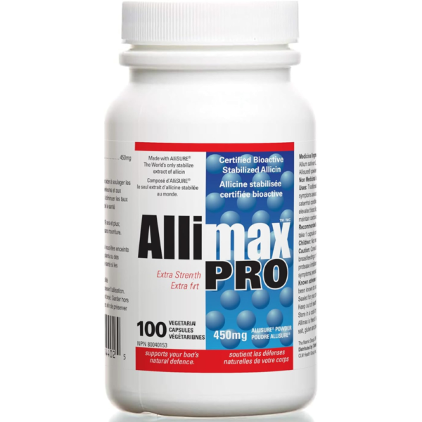 Allimax Pro 450mg 100 Capsules. Professional Strength Support for Your Body’s Immune Function Through Natural Allicin, a Potent Compound Extracted from Clean and Sustainable Spanish Grown Garlic.