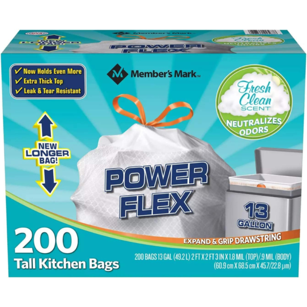 Members Mark 13 Gal Power Flex, Leak Protection, Tall Kitchen Simple Fit Drawstring Bags (1 Pack, Fresh Clean Scent), 1count