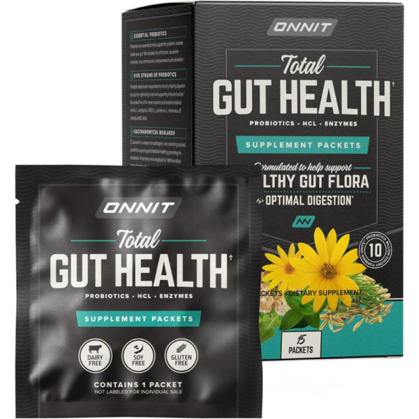 ONNIT Total Gut Health - Complete Probiotics & Digestive Enzyme Supplement for Women & Men - 5 Strains of Probiotics, Prebiotics, Enzymes, Betaine HCL