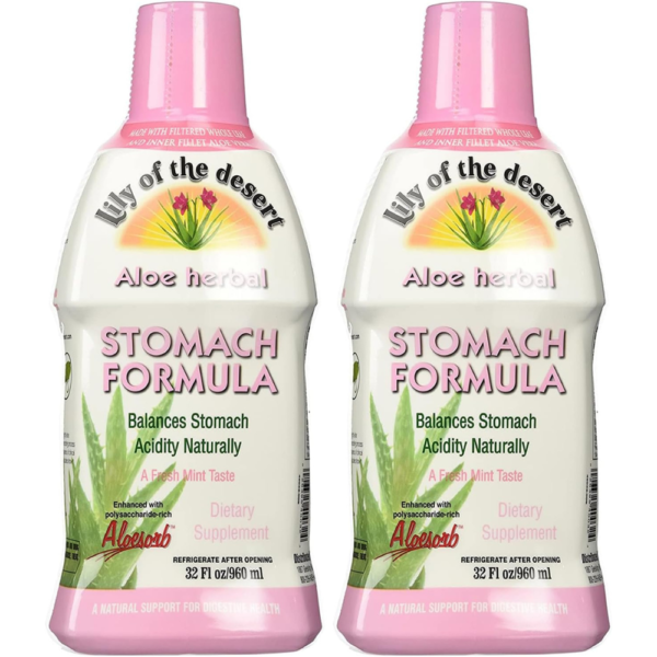 Lily Of The Desert Stomach Formula, Organic Aloe Vera Juice with Slippery Elm, Chamomile, Peppermint, and Ginger for Gut Health, Acid Reflux, Heartburn Relief, 32 Oz (Pack of 2)