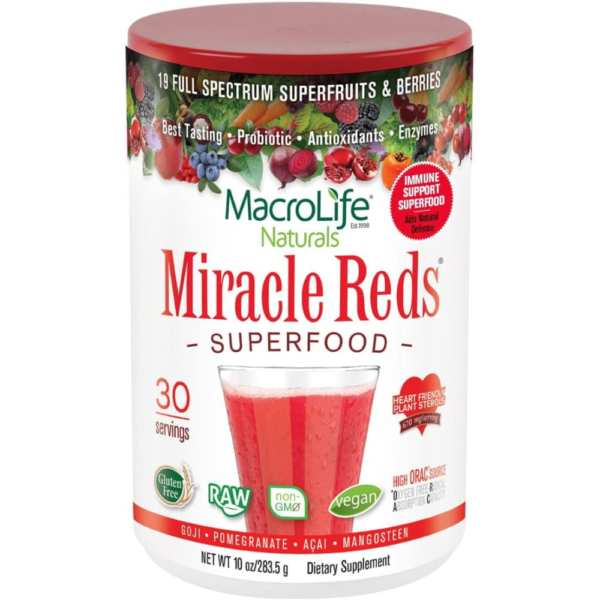MacroLife Naturals Miracle Reds Superfood Supplement Powder Antioxidants Polyphenols Enzymes Probiotics - Raw Non-GMO Organic Vegan Gluten & Dairy Free (30 Serving) 10oz