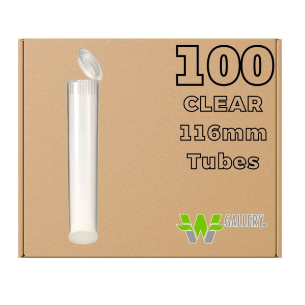 W Gallery 100 Clear 116mm Open Cap Pop Top Tubes - Airtight Smell Proof Containers - Plastic Medical Grade Prescription Bottles for Pills Herbs Flowers Supplements, Bulk Pack, Not Glass Jars
