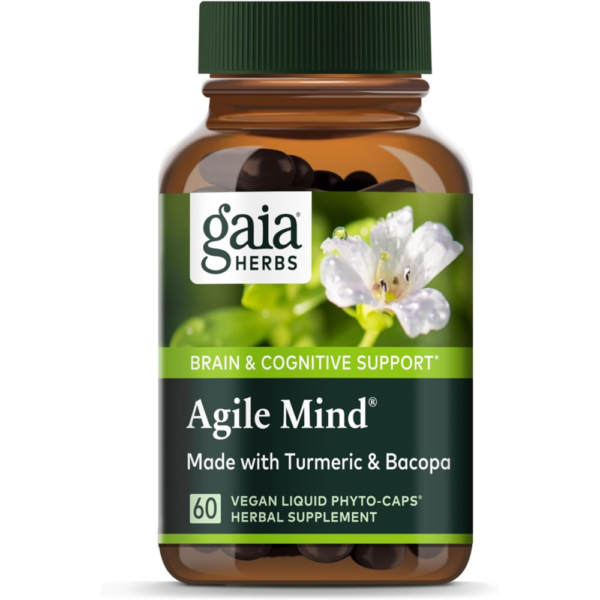 Gaia Herbs Agile Mind - Brain & Cognitive Support Herbal Supplements - with Organic Turmeric Root, Bacopa, Black Pepper, and Ginkgo Biloba - 60 Vegan Liquid Phyto-Capsules (30-Day Supply)