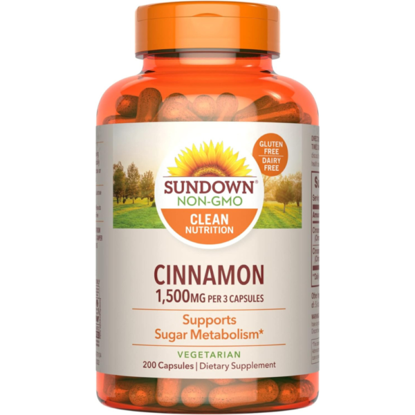 Sundown Cinnamon Capsules, Support Sugar Metabolism, Non-GMO, Free of Gluten, Dairy, Artificial Flavors, 1000 mg, 200 Capsules