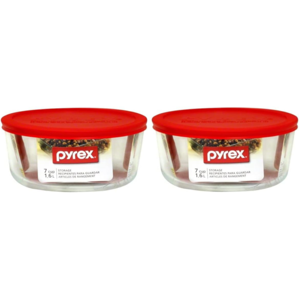 Pyrex Pack of 2 Containers, Clear, Plus 7-Cup Round Storage Dish with Red Plastic Cover